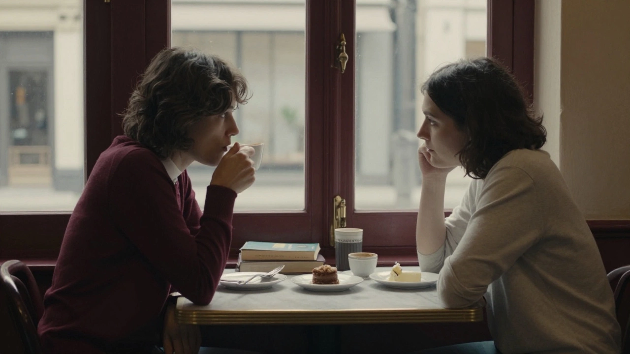 Two people share a quiet moment over coffee at a cozy Parisian bistro.